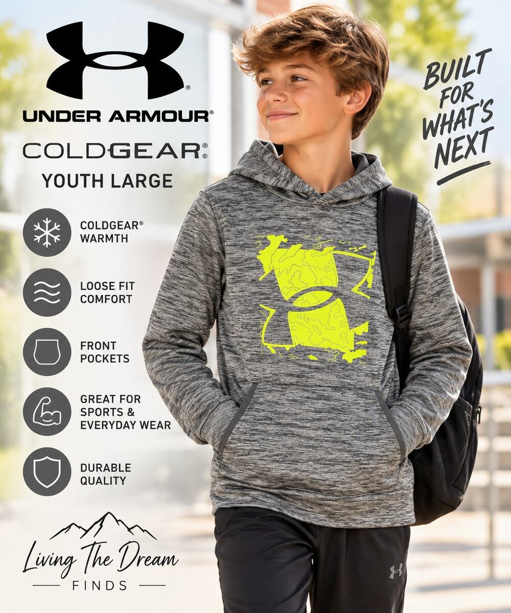 Under Armour ColdGear Youth Large Gray Neon Logo Loose Fit Hoodie